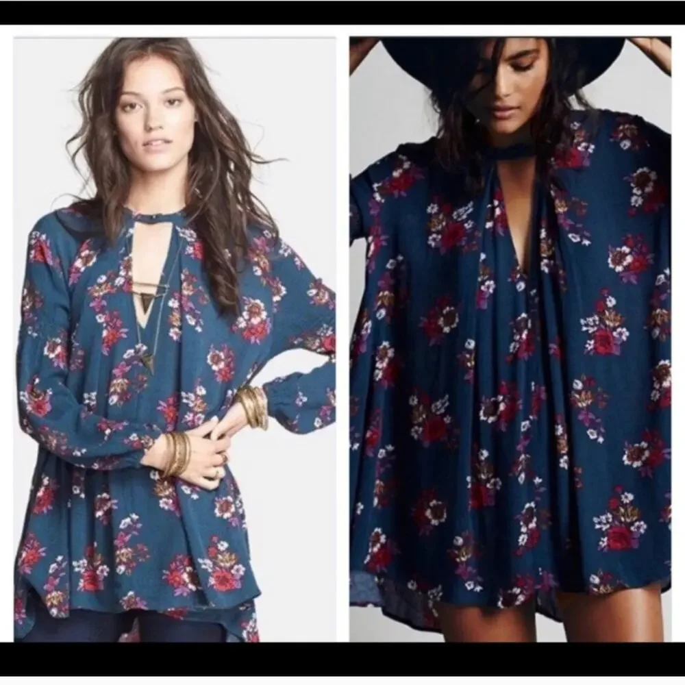 Free People  Electric Orchard Tunic Mini Trapeze Swing Teal Dress S Whimsigoth